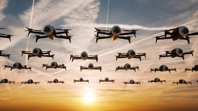 A swarm of artificial intelligence drones with surveillance camera systems, ready to monitor and analyze the citizens and landscapes below.