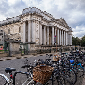 CAMBRIDGE, UK - MARCH 11, 2020:   Exterior view of the Portico and front facade of the Fitzwilliam Museum
