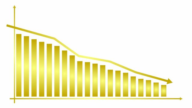 Animated golden chart of financial decline with a trend line chart. Economic crisis, recession, decrease graph. Bar chart. Profit down. Looped video. Vector illustration isolated on white background.