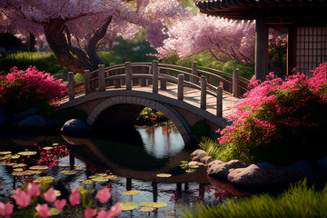 Asian garden with pond, small bridge and sakura trees. Cherry blossom in park in spring season. Peaceful traditional japanese landscape. - obrazy, fototapety, plakaty