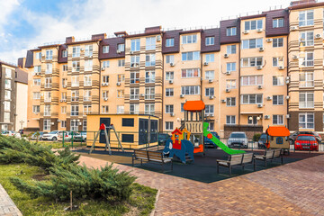 urban courtyard among apartment buildings quarters modern civil architecture entrances and adjacent territory