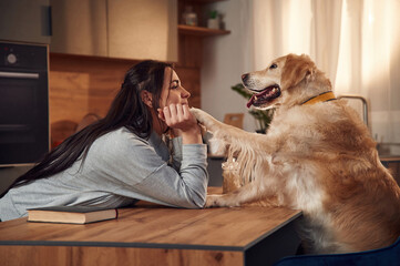 Side view. Sitting by the table together. Woman is with golden retriever dog at home