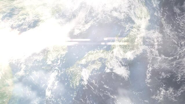 Earth zoom in from outer space to city. Zooming on Yonago, Tottori, Japan. The animation continues by zoom out through clouds and atmosphere into space. Images from NASA