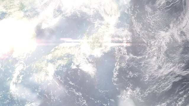 Earth zoom in from outer space to city. Zooming on Fujieda, Shizuoka, Japan. The animation continues by zoom out through clouds and atmosphere into space. Images from NASA