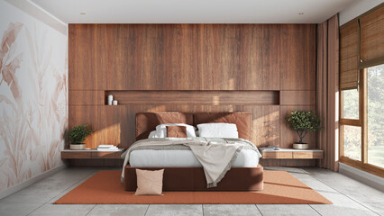 Obraz na płótnie Canvas Modern bedroom with wooden headboard in white and orange tones. Velvet bed, bedding, pillows and carpet. Minimalist interior design