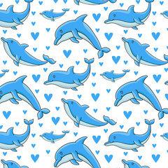 Seamless pattern with flock of dolphins. For cards, invitations, wedding or baby shower albums, wallpapers, backgrounds and scrapbooks. Art vector Illustration.