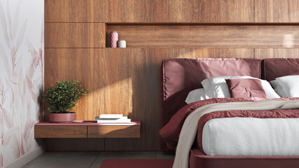 Cozy bedroom close up. Wooden headboard in red and beige tones. Velvet bed, bedding, pillows and...