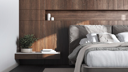 Cozy bedroom close up. Wooden headboard in dark and beige tones. Velvet bed, bedding, pillows and carpet. Modern minimalist interior design