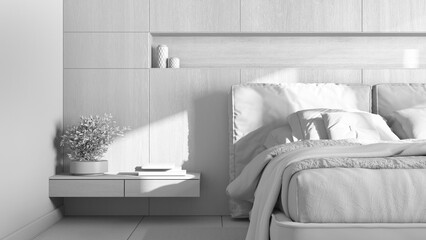 Total white project draft, cozy bedroom close up. Wooden headboard. Velvet bed, bedding, pillows and carpet. Modern minimalist interior design