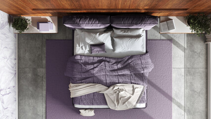 Modern bedroom with wooden headboard in white and purple tones. Velvet bed, bedding, pillows and...