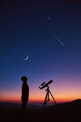 Man with astronomy telescope looking at the night sky, stars, planets, Moon and shooting stars.