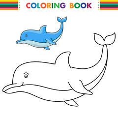 Coloring pages. Marine wild animals. Little cute baby dolphin smiles.