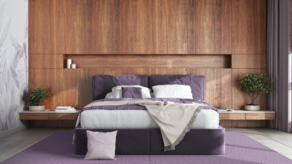 Modern bedroom with wooden headboard in violet and beige tones. Velvet bed, bedding, pillows and carpet. Contemporary interior design