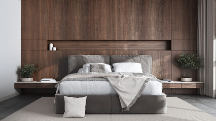 Modern bedroom with wooden headboard in dark and beige tones. Velvet bed, bedding, pillows and...