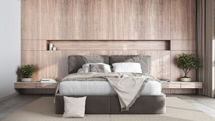 Modern bedroom with bleached wooden headboard in white and beige tones. Velvet bed, bedding, pillows and carpet. Contemporary interior design