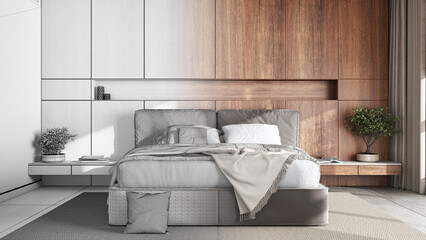 Architect interior designer concept: hand-drawn draft unfinished project that becomes real, modern bedroom with wooden headboard. Contemporary style