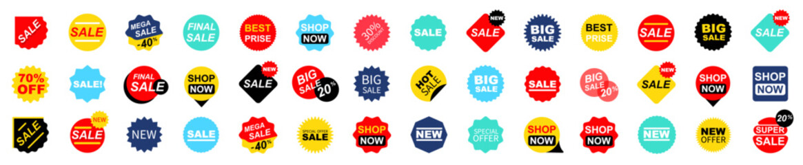 Sale badges collection. Super sale badges and labels. Set ribbon banner and label sticker sale. Template banner shopping badges. Special offer, big sale, discount, best price, mega sale banner set