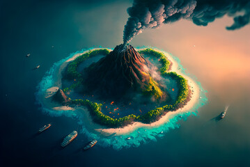 Fototapeta na wymiar illustration of a volcanic island, aerial view, with an erupting volcano, generative ai