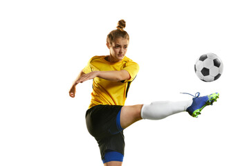 Fototapeta na wymiar Hitting ball with leg. Young professional female football player in motion, training, playing football, soccer isolated over white background