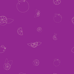 Citrus pattern of slices and whole fruits on a purple background.