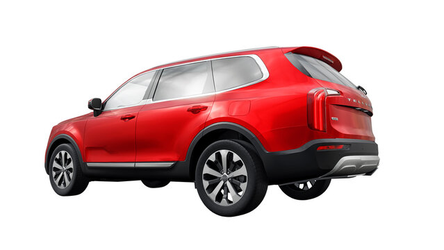 Dallas, USA. December 25, 2022. KIA Telluride 2020. Red mid-size SUV for family and work on a white background. 3d rendering.