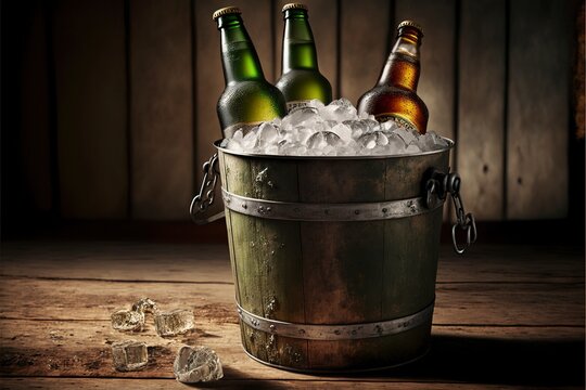 Bucket Of Beer With Ice Inside On Wooden Table Generative AI