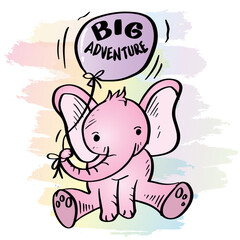 Big adventure lettering with cute cartoon elephant