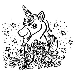 Cute cartoon unicorn with floral decoration.