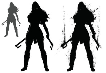 A cruel and terrifying Scandinavian Viking girl stands in a defiant pose with two axes in her hand, she has a muscular body and demonic glowing eyes, 2d blob silhouette art - 560424343