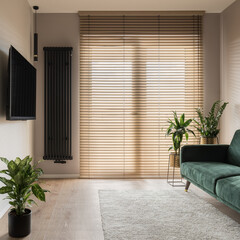 Big window with wooden blinds in small room