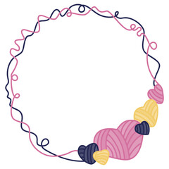 Vector frame made of yarn in the form of hearts. Yarn for knitting. color frame in a flat style.