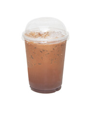 Iced coffee on plastic tall cup isolated cutout PNG. clipping path included for design. Traditional Thai style original in glass sweet taste. Thai street food and popular in Thailand. Antique coffee.