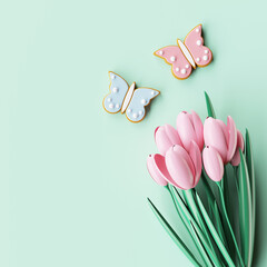 Easter butterfly gingerbread cookies and tulips on green background. 3D render