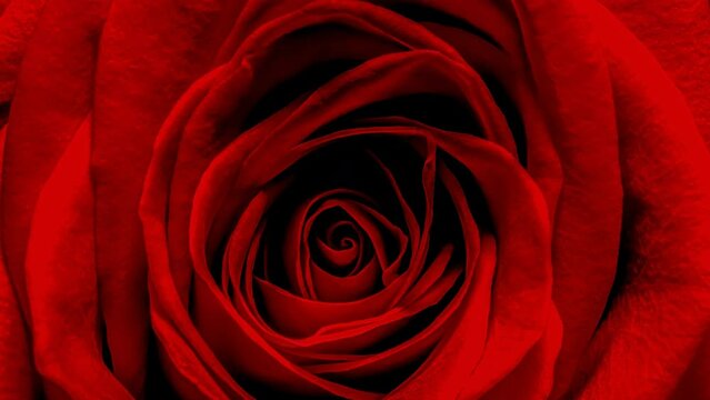 Red rose close up. The texture of the petals of a scarlet rose flower. 4k macro raw slow motion video 60 fps with slow camera movement.