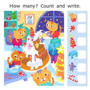How many. Count and write. Puzzle game for children. Cute kittens making Christmas cake with mice. Cartoon cat characters in uniform. Colour vector illustration.