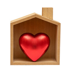 Wooden house with red heart. Happy life and home concept.