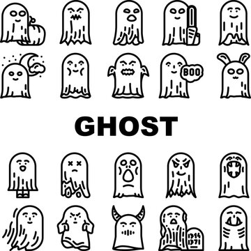 ghost halloween scary spooky icons set vector. horror white, dark fear, night holiday, spirit face, death fantasy, fly mystery ghost halloween scary spooky black contour illustrations