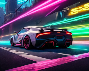 The car is driving through the night city, neon lights, dark background.