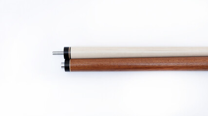 Billiard cues on a white background. Parts of a billiard cue close-up. Live photos of a billiard cue.