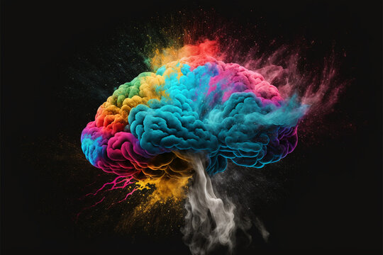Explosion of cloudy, colorful powder. Freeze motion of color powder exploding, on black background, Concept art of a human brain exploding with knowledge and creativity, generative ai.