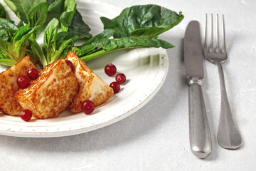 Grilled curd cheese mozzarella halloumi with green spinach and lingonberry cranberries on a gray concrete table