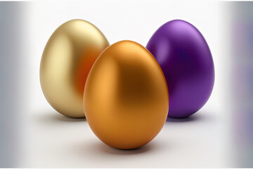 On a white background, three made easter eggs in various colors. Generative AI