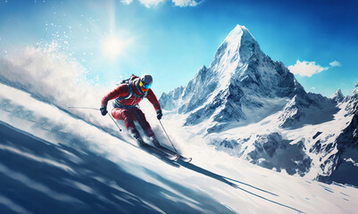 Naklejka na ściany i meble Winter sport. Mountain ski. Skier on the slope, sunny day, AI generative