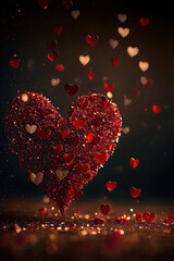 Beautiful red glittering heart with little red falling hearts, dark background, St. Valentine's Day, Generative AI