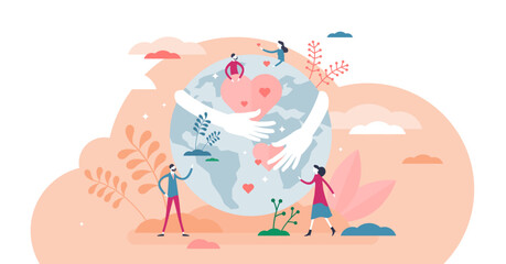 Fototapeta Earth hug illustration, transparent background. Love, care planet flat tiny persons concept. Use renewable resources as sustainable lifestyle and world protection symbol. Nature friendly attitude. obraz