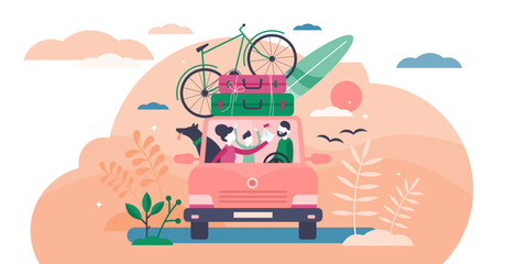 Family camping road trip concept, flat tiny persons illustration, transparent background.Vacation weekend holiday journey in the sunset with mom, dad, son and loved dog.