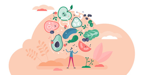 Flexitarian food culture movement, flat tiny person illustration, transparent background. Healthy vegan or vegetarian diet combined occasionally with meat.