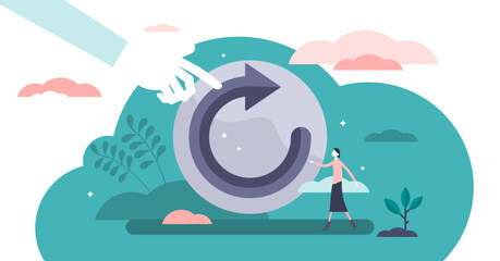 Refresh concept, flat tiny person illustration, transparent background. Restart project with a new vision or rework the strategy. Renew life goals and direction.