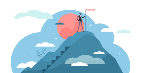 Success business vision concept, flat tiny businessman person illustration, transparent background. Company growth mission achievement and reaching top.