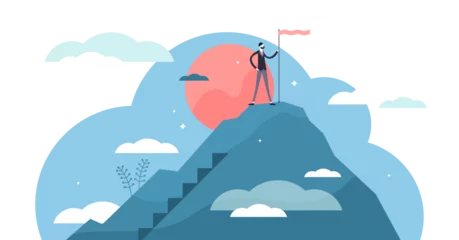 Foto op Plexiglas Success business vision concept, flat tiny businessman person illustration, transparent background. Company growth mission achievement and reaching top. © VectorMine
